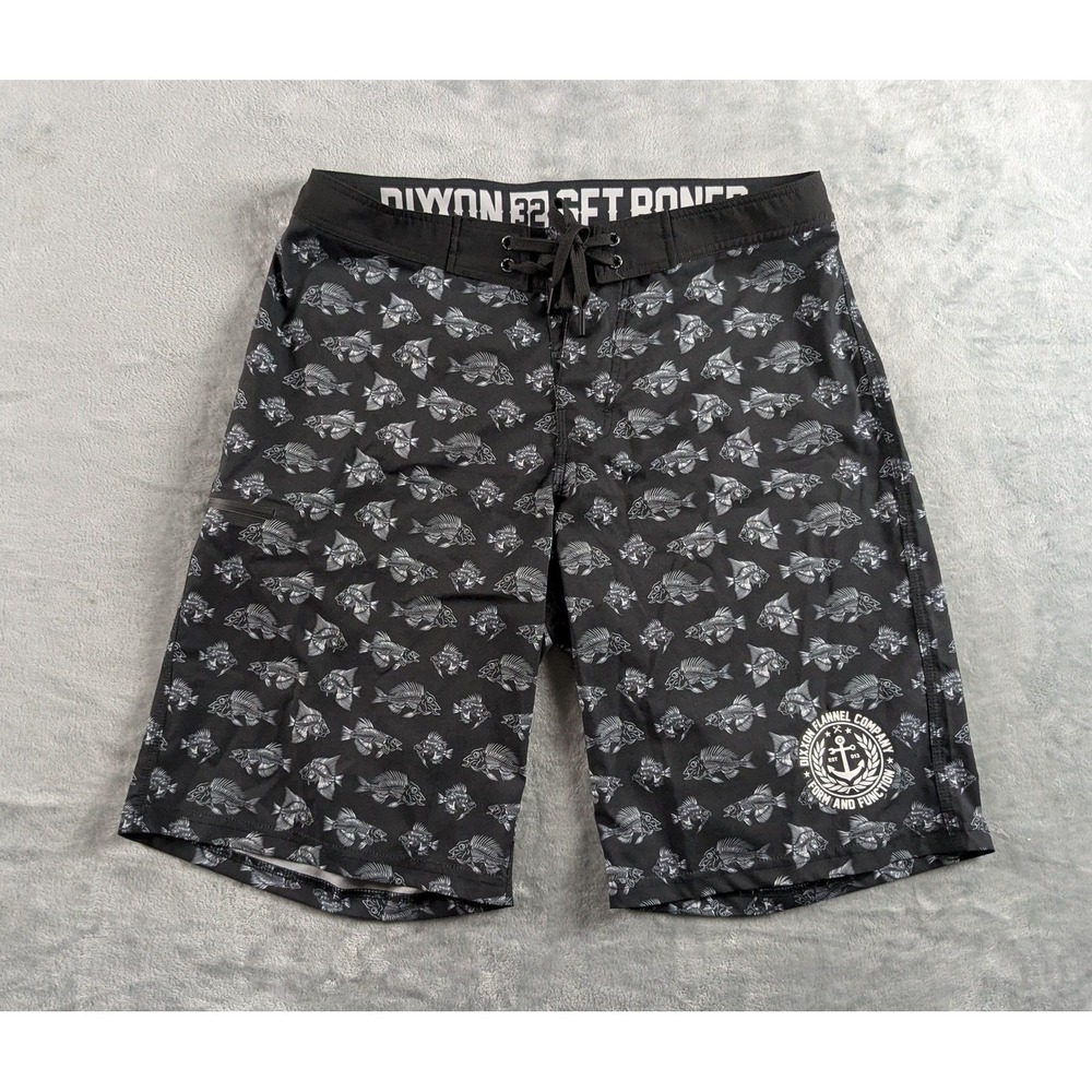 Dixxon Board Shorts Mens 32 Black Fish Skeleton Print Swim Pockets Drawstring